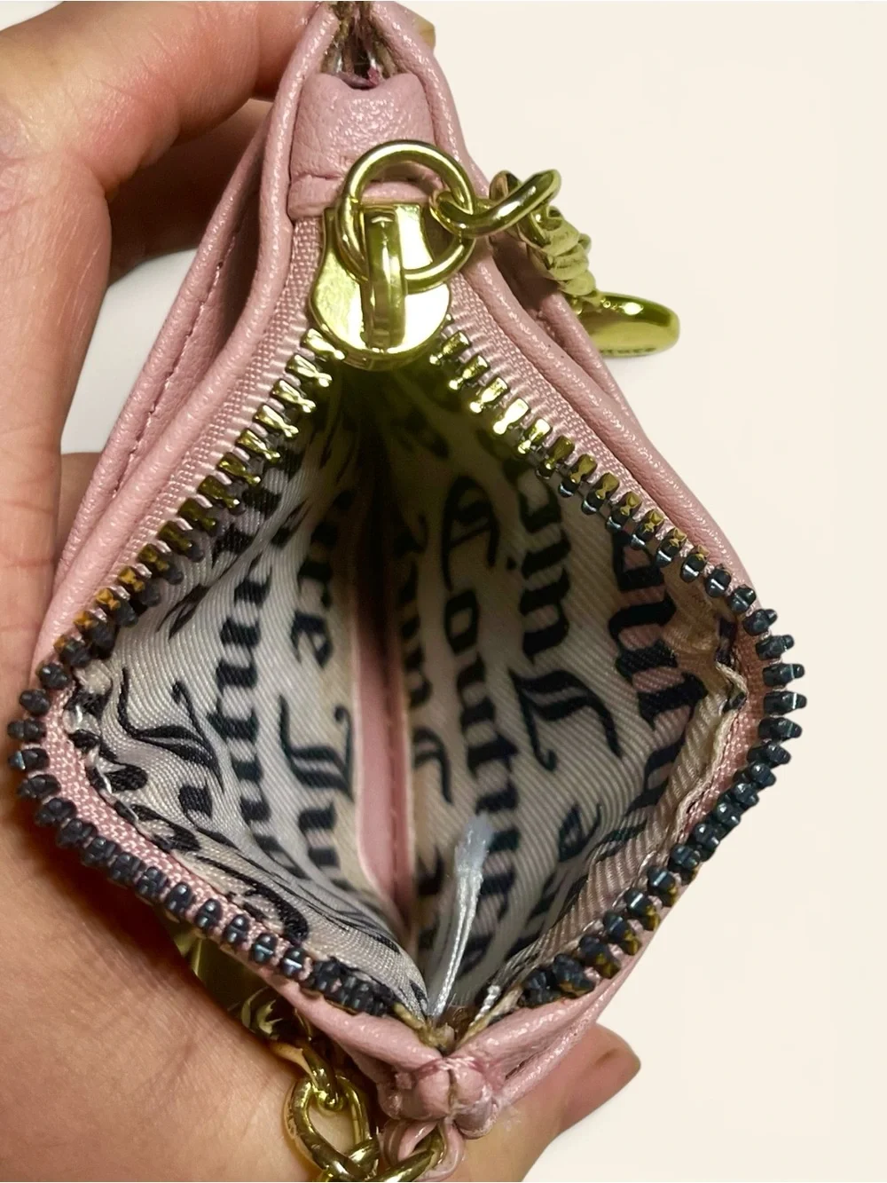 Juicy Couture Blush Pink Crystal Logo Card Holder with Gold Heart Charm